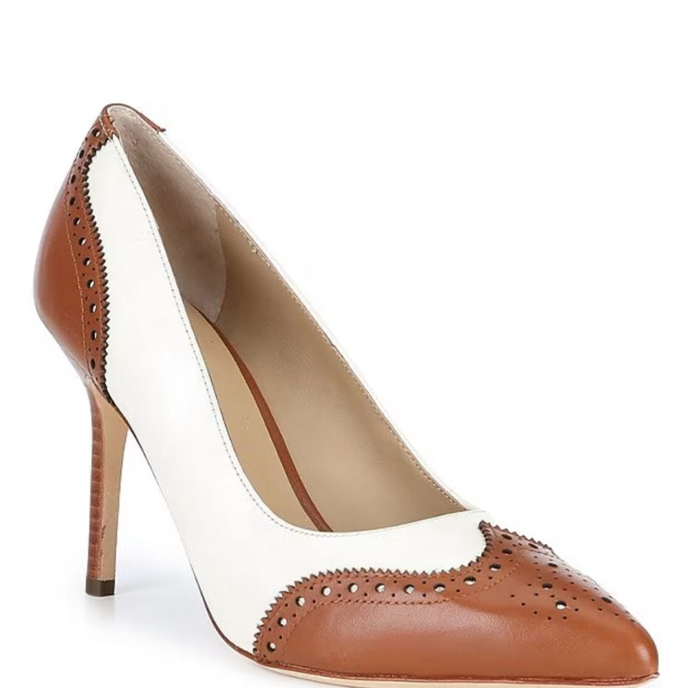 🆕 Lauren Ralph Lauren LYNDEN Two-Tone Polo Tan and White Leather Pointed Heel